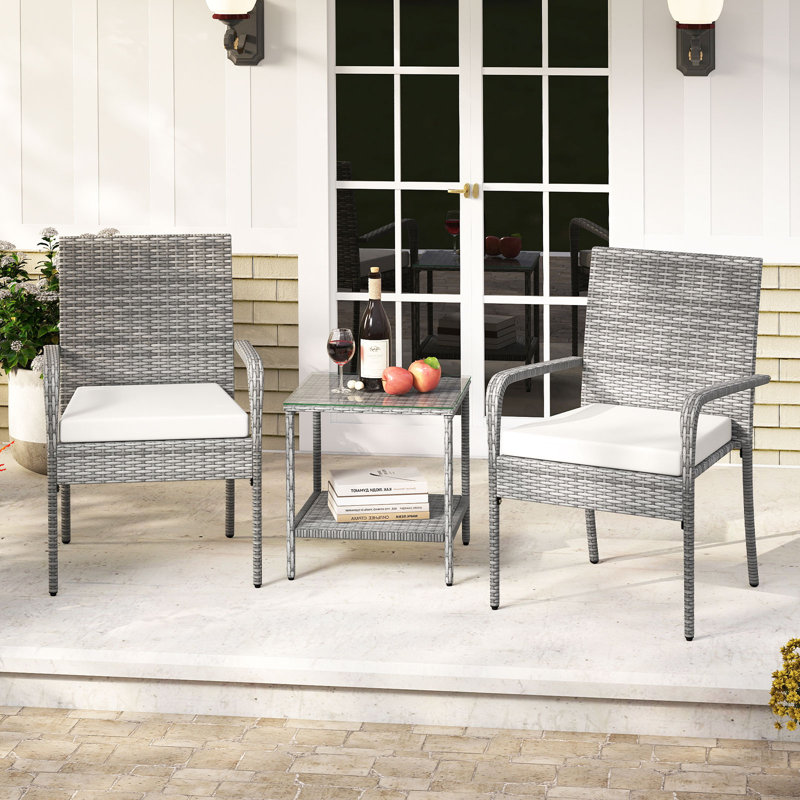  3 Pieces Patio Furniture Set PE Rattan Porch Chairs w/ 2-Tier Table White, White