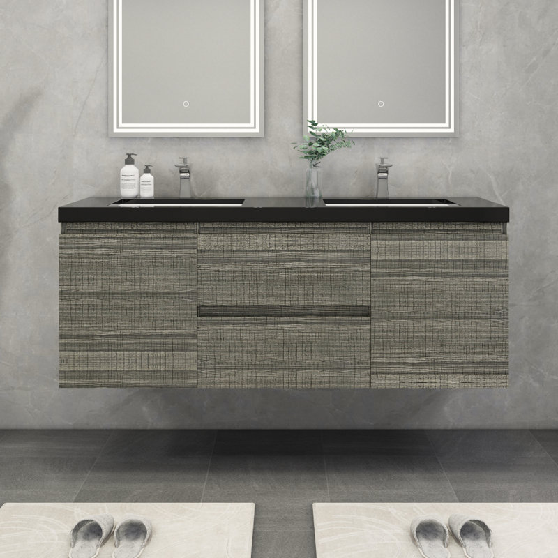 Castin 60" Wall-Mounted Double Bathroom Vanity Set, Glossy Ash Gray