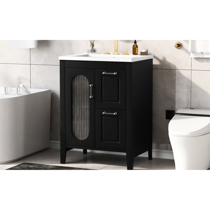 Meuble-lavabo de 24 pouces, en bois massif et noir, deux tiroirs, porte, tablette réglable, lavabo en céramique, verre, autoportant, style moderne, grand meuble-lavabo de 24 po avec une armoire en verre lisse