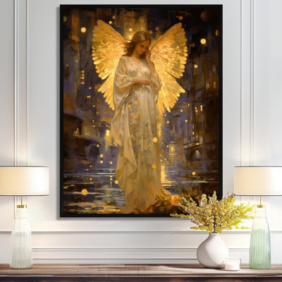 Golden Angel Caring Wings - Wings Angel Wall Art Living Room
