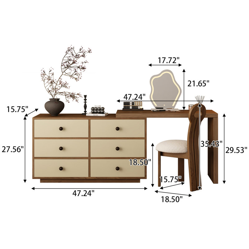 47.24"Retro Brown Solid Wood Dressing Table with Storage