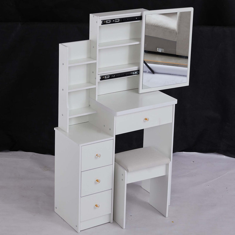 Petite coiffeuse 29,2 po avec tabouret de chevet gauche + tabouret rembourré, très grand miroir coulissant à droite, rangement multi-couches grande capacité, commode pratique et pratique, convient aux petits espaces