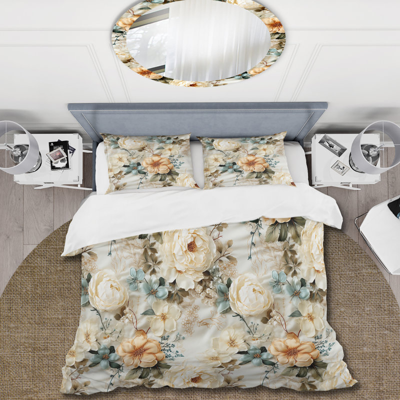 Beige Vintage Countryhouse Flower Harmony I Floral Duvet Cover, King Duvet Cover + 2 King Shams