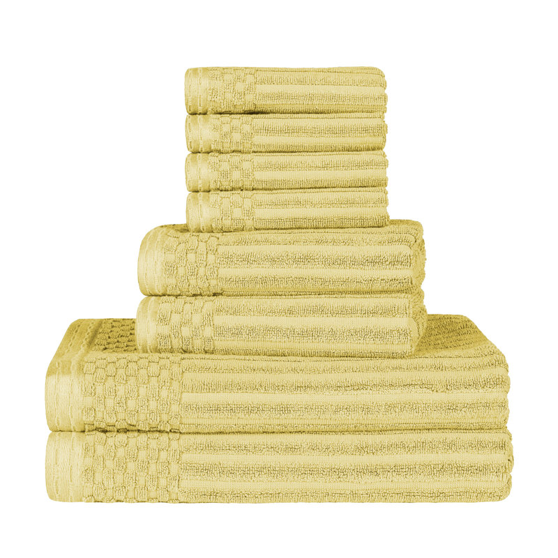 Ruvins Cotton Highly Absorbent 8-Piece Solid and Checkered Border Towel Set, Yellow Gold