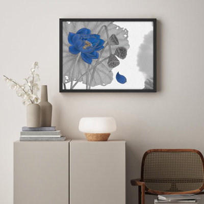 Blue Lotus Flower with Lotus Pods in Detailed Botanical Design Illustrations Rustic Framed Poster