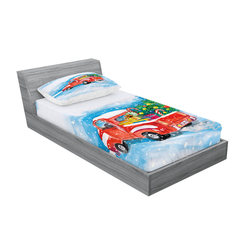 Drap-housse et coussin décoratif Ambesonne Christmas, bleu, blanc, rouge, Ensemble de draps pour lit simple TG + 5 articles 