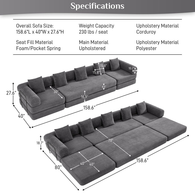 Boneless Convertible Sectional Sleeper Sofa Bed Modular Compression Couch With Removable Back And Arm, Gray Corduroy 