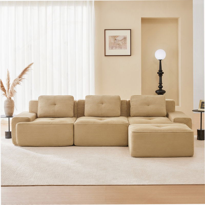 Canapé modulaire en forme de L de 117 pouces, tissu en velours côtelé, assise profonde, repose-pieds mobile, passepoil perlé, conception capitonnée, sans assemblage, base antidérapante