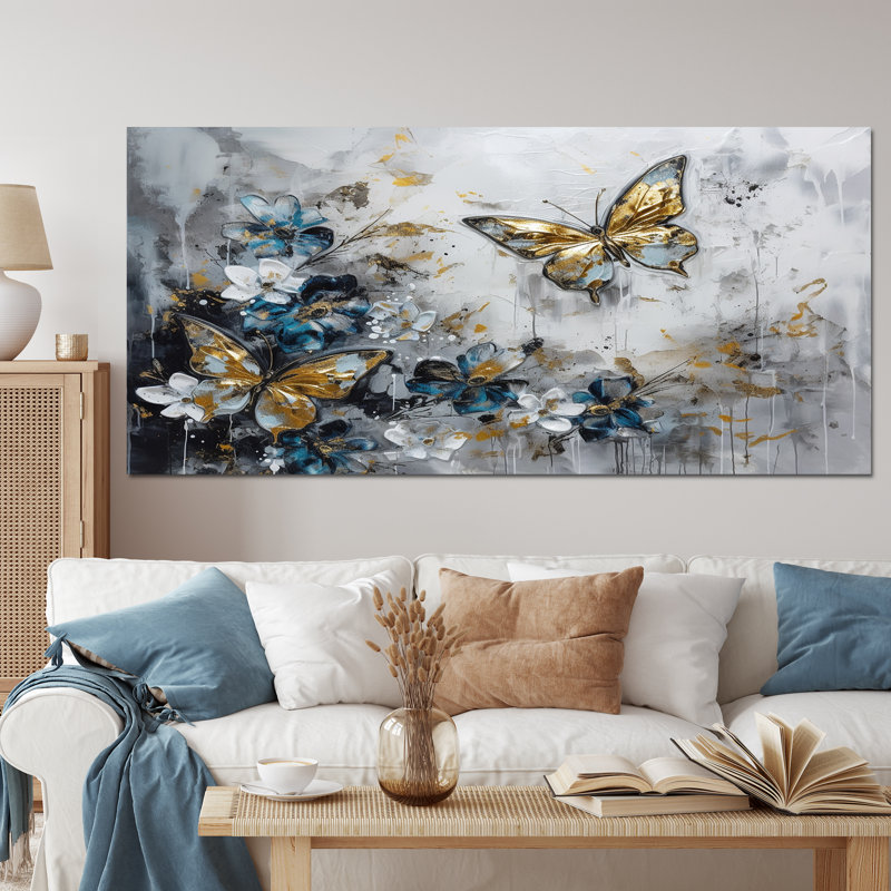 «Ryuko Golden Blue Butterfly Wings And Flowers III», art mural floral, H 28 po x l 60 po x P 1,5 po, Toile tendue