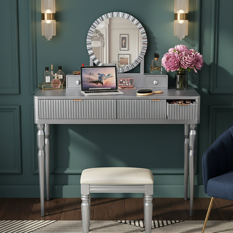 39.4'' W Luxury Vanity Desk - Silver Finish - Round Mirror, Height-Adjustable & 4 Drawers, Sliver