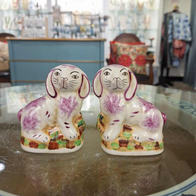 Small Blue Staffordshire Style Bunny Figurines Pair, Pink/White/Beige