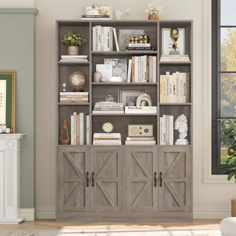 74.8'' H Storage Bookcase With 10 Open Shelves, Rustic Gray