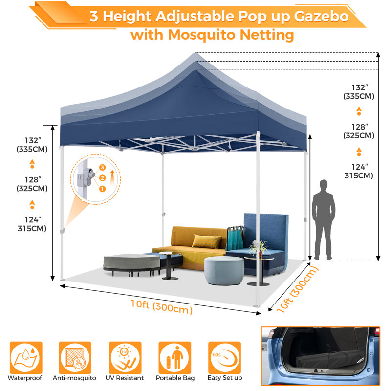 Tente à auvent robuste 10 x 10 po, pavillon de jardin escamotable avec filet grillagé, imperméable, Bleu très foncé