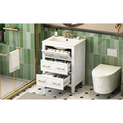 Meuble-lavabo blanc rétro avec lavabo en céramique 24 po, 3 tiroirs, structure en bois massif