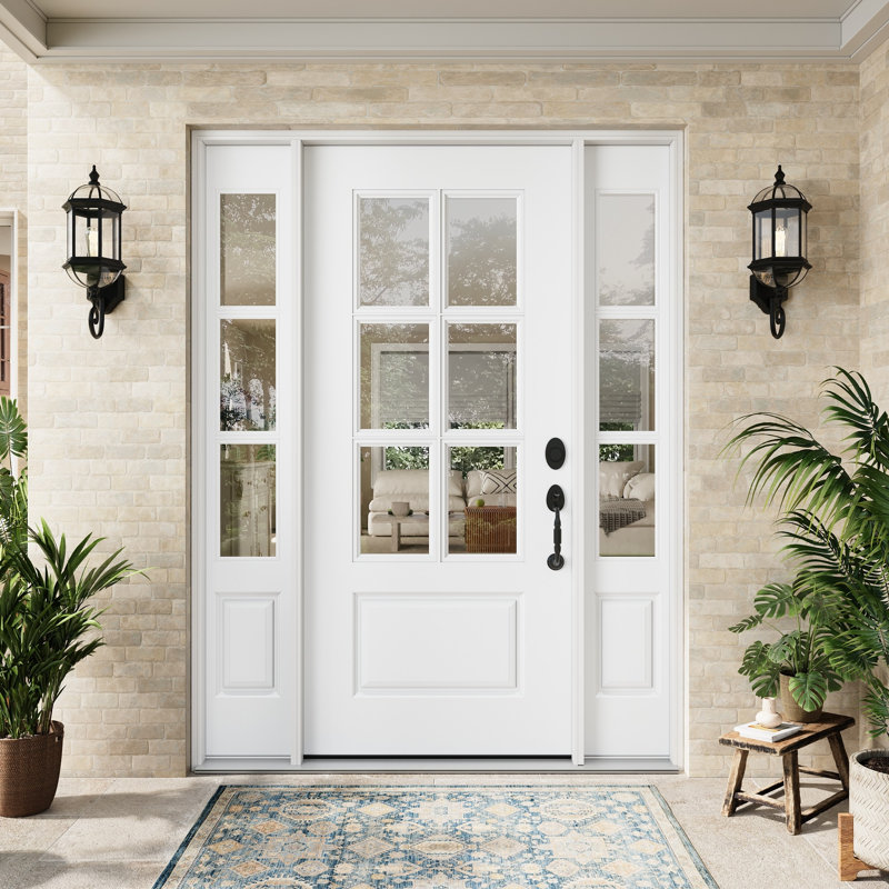 Entry Front Exterior Fiberglass Door 36" x 80" Primed White 6-Lite Clear Glass Prehung Door Fixed Double Sidelite White 3-Lite Clear Glass Door With Jamb, Left-Hand Inswing (Not Included Hardware Kit)