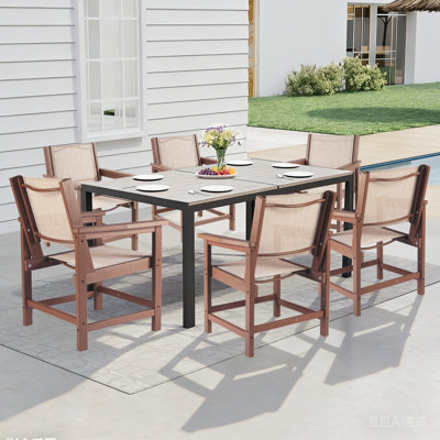 All-Weather Hdpe Patio Dining Chairs With Wood Texture Finish,Premium Comfortable Textilene Fabric,Set Of 6