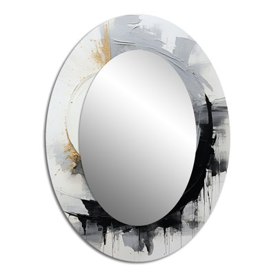 Noir et blanc Zen Spiral II - Miroir décoratif ovale abstrait sur métal