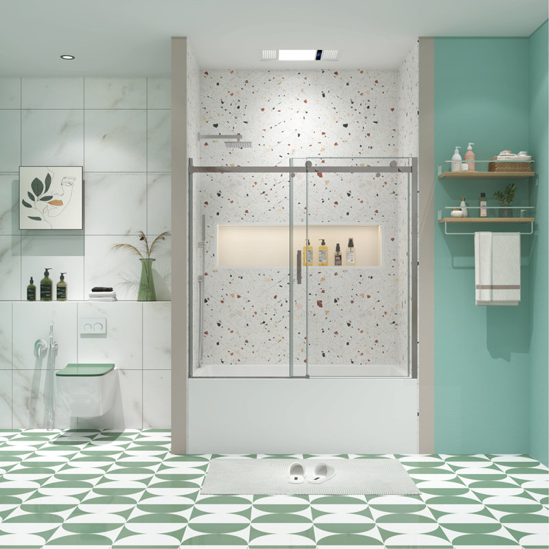 Porte de baignoire, porte coulissante, avec verre trempé de 5/16 po, Chrome chrome