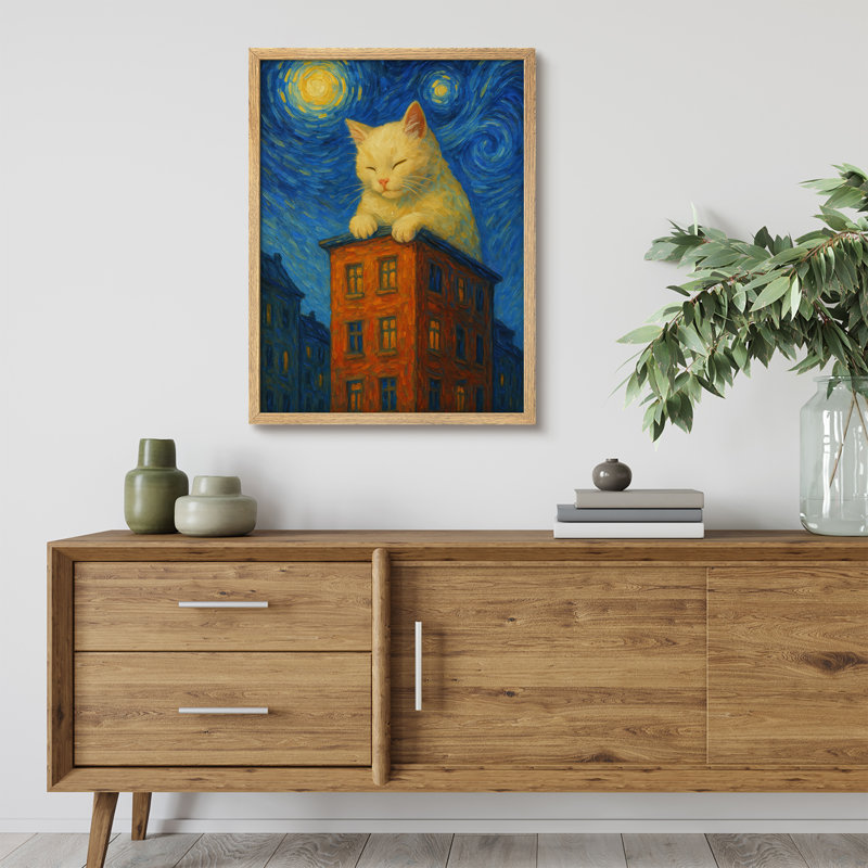 «Whimsical Cat on Rooftop», reproduction d'art encadrée - Chat blanc ludique inspiré d'une nuit étoilée, scène de ville, Illustration fantastique pour décor de chambre d'enfant ou de salon