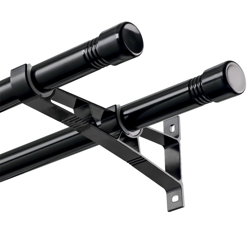 Satin Black Iron Adjustable 76cm to Double Curtain Pole, 222cm W x 3cm D