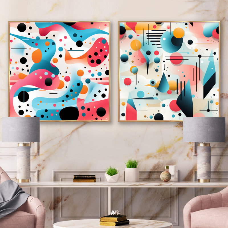 «Pink and Blue 1950S Trendy Patterns I - Abstract Collages Square», ensemble de 2, Cadre flottant doré, H 30 po x l 61 po