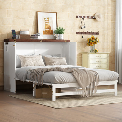 Armoire de lit escamotable complète avec tiroir de rangement et station de charge, port USB, cadre de lit escamotable en pin massif pour bureau à domicile, studio ou chambre d'amis, noyer blanc
