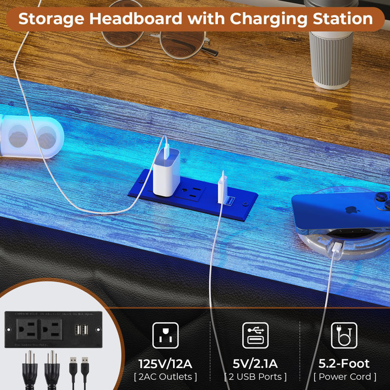 King size headboard and charging station, Platform bed frame with LED lights, Sturdy and stable, No noise, No box spring required, Easy to assemble, Black