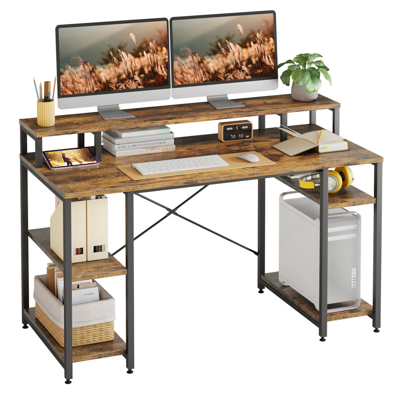 Kinslee 55inch Computer Desk, Office Work Desk with Monitor Stand, Rustic Brown