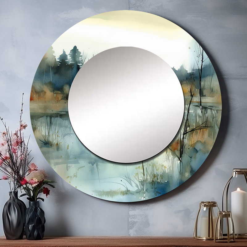 Canyla Summer Lake Landscape Illustration II - miroir de lac, miroir mural rond bleu, impression sur métal, 29 po x 29 po