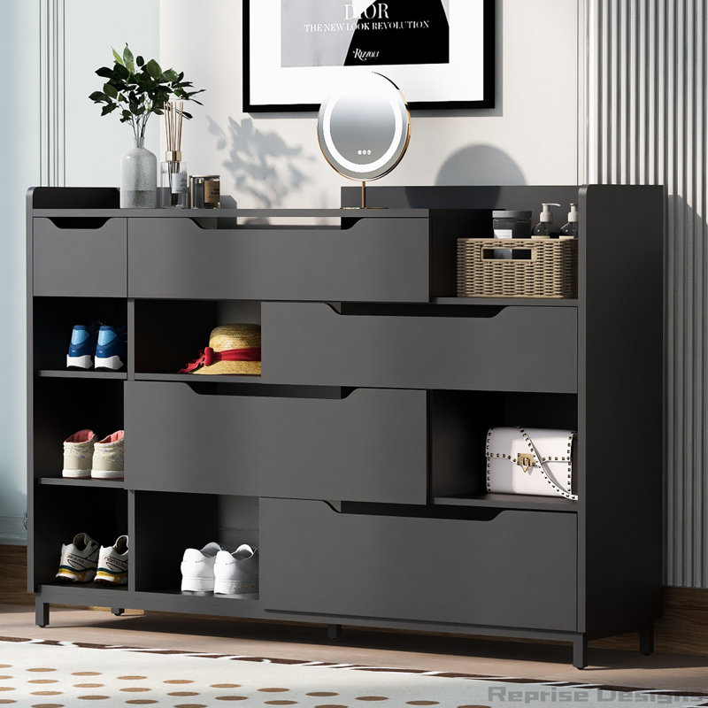 Black Modern Fabric and Metal Shoe Storage Cabinet with Drawers