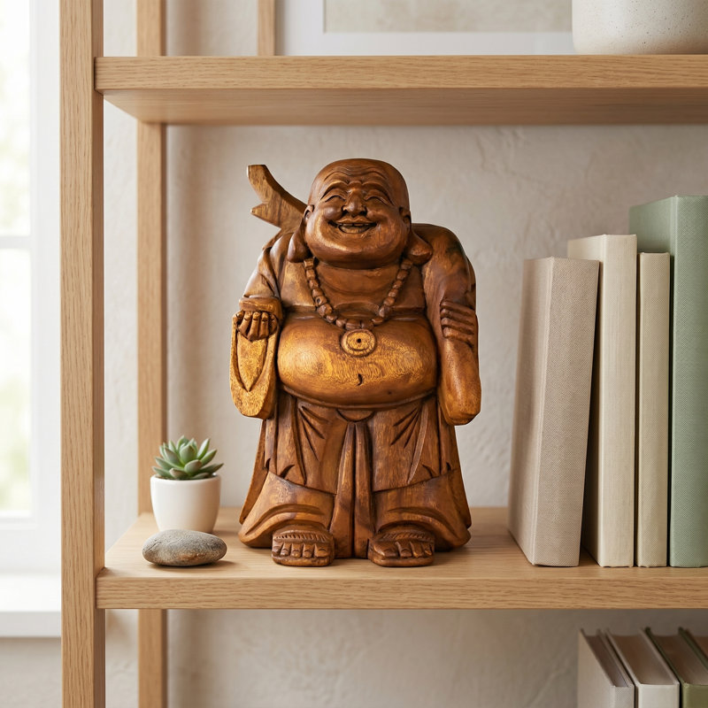 Statue de Bouddha heureux en bois Menaal, H 12 po x l 4 po x P 6 po