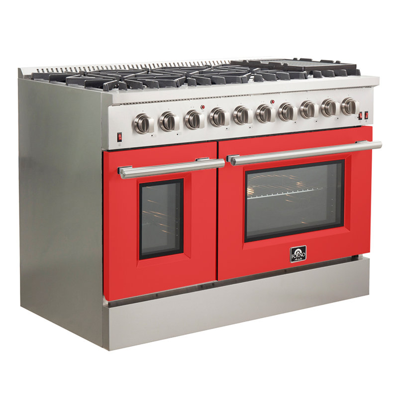 Forno Galiano 48-inch Gas Range in white, black, blue or red, 8 Burners, 107,000 BTU, Griddle, 6.58 Cubic Feet Double Ovens