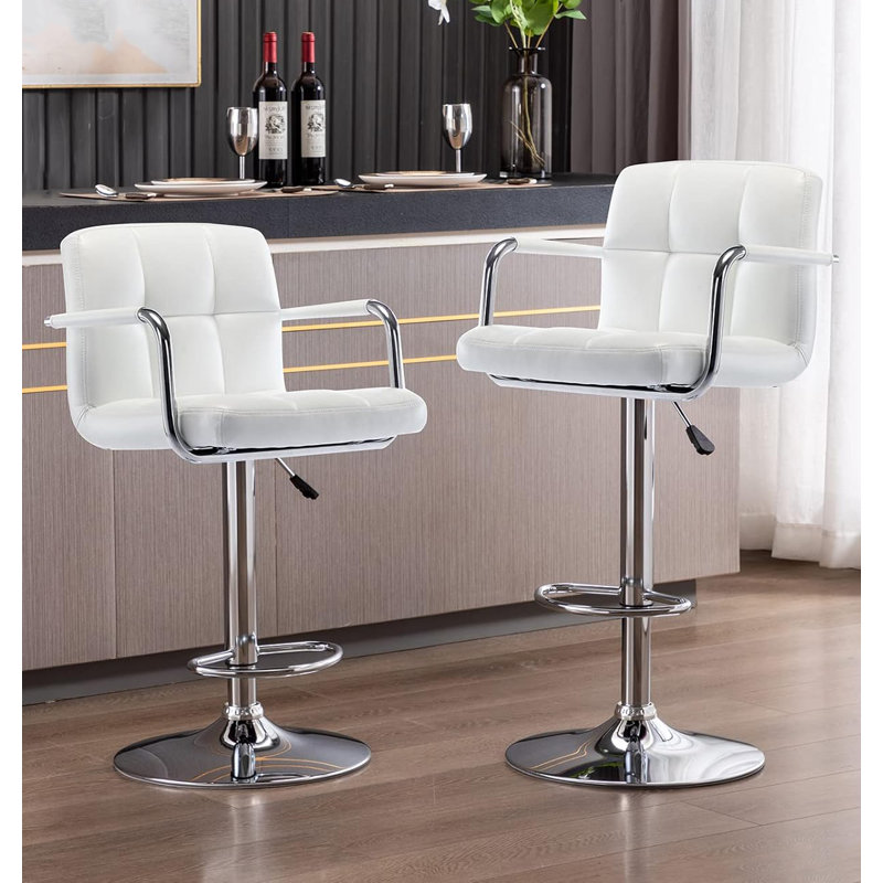 Tabourets de bar carrés en cuir pu, tabourets de comptoir pivotants réglables avec dossier et accoudoirs, Blanc, 2