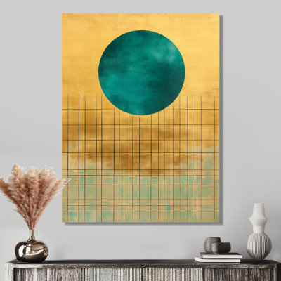 Teal Sun Over Golden Grids - Abstract Midcentury Metal Decor, Eclectic Modern Metal Print