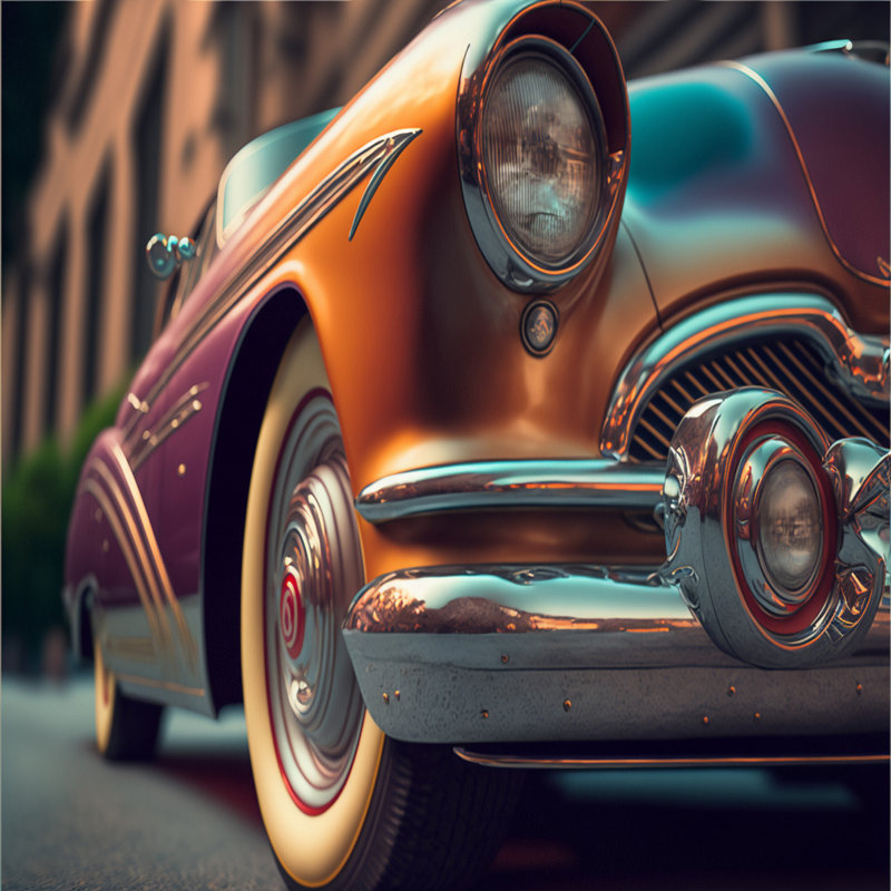Gros plan d'une voiture rétro classique I - reproduction sur toile, H 16 po x l 32 po x P 1 po, Cadre flottant noir