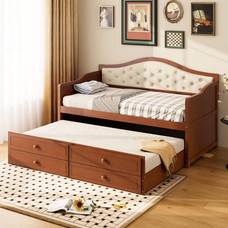 Lit de jour simple avec lit gigogne et 2 tiroirs de rangement, dossier capitonné en noyer pour chambre d'amis