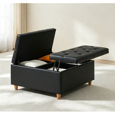 Grand repose-pieds avec rangement 34,6 po, repose-pieds en cuir de polyuréthane noir avec plateau relevable et capacité de 300 lb pour le salon, la chambre à coucher et le vestibule