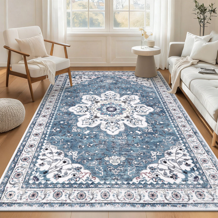 Machine Washable Non-Slip Blue Oriental Area Rug