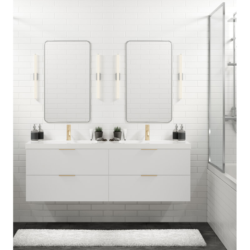 Avila 72" W Wall Mounted Double Bathroom Vanity, Satin Brass, White Acrylic, Gloss White/Single
