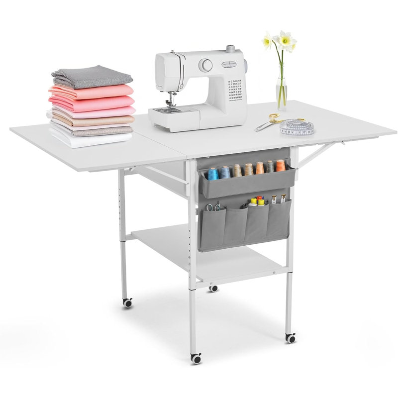 Table de couture et de coupe pliante réglable en hauteur avec étagères de rangement, organisateur de tissus et roulettes verrouillables