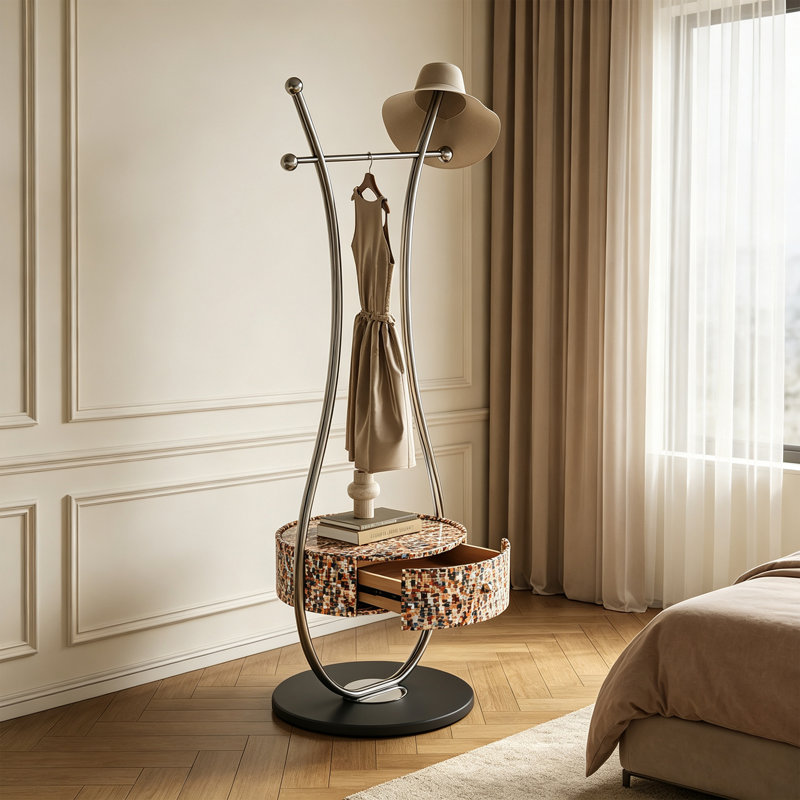 Portemanteau avec tiroir de rangement rond en bois