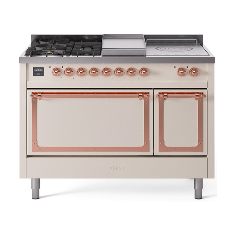 ILVE Nostalgie II Noblesse 48 in Dual Fuel Range, 5 Burner, Griddle, Frenchtop, Antique White/Copper, Natural Gas