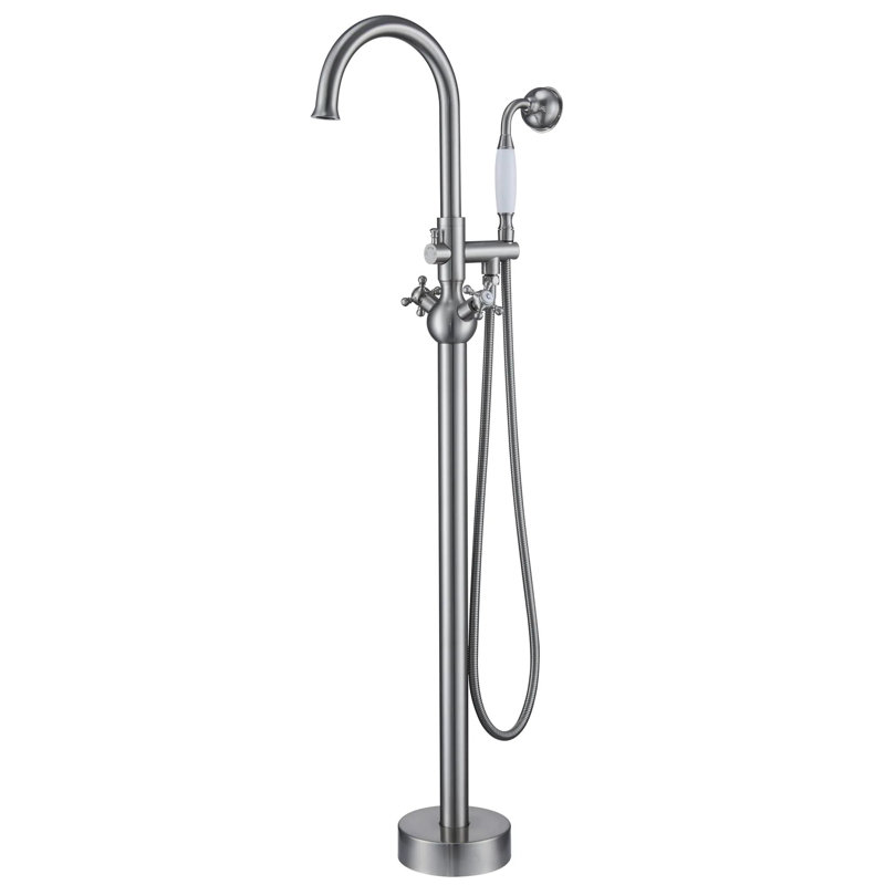 2 Handle FLOOR MOUNT Clawfoot Tub Faucet with Diverter, Brushed Nickel