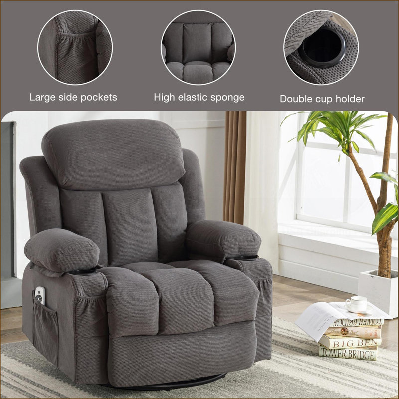 Canapé inclinable avec rotation de 360 °, massage chauffant, port USB, 2 porte-gobelets et amp; Poches latérales | Gris anthracite | Velours