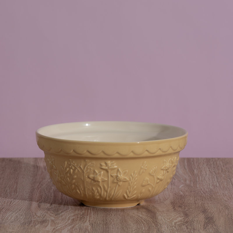 Daffodil Yellow Ceramic Mixing Bowl with Floral Embossing, 1.25 Qt