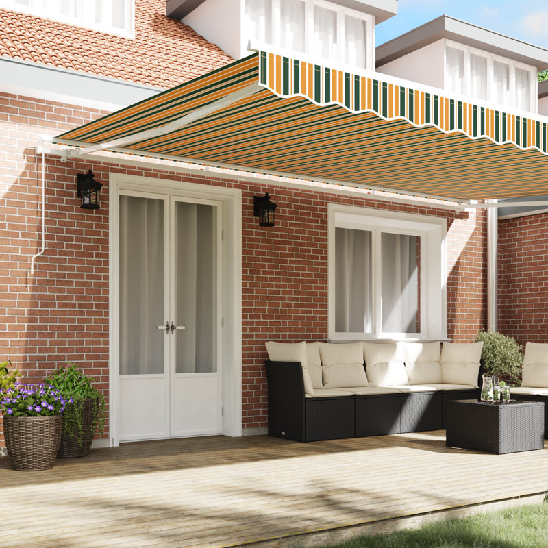Brayden Studio Retractable Patio Awning, Green/Yellow Striped, 500 cm W x 300 cm D