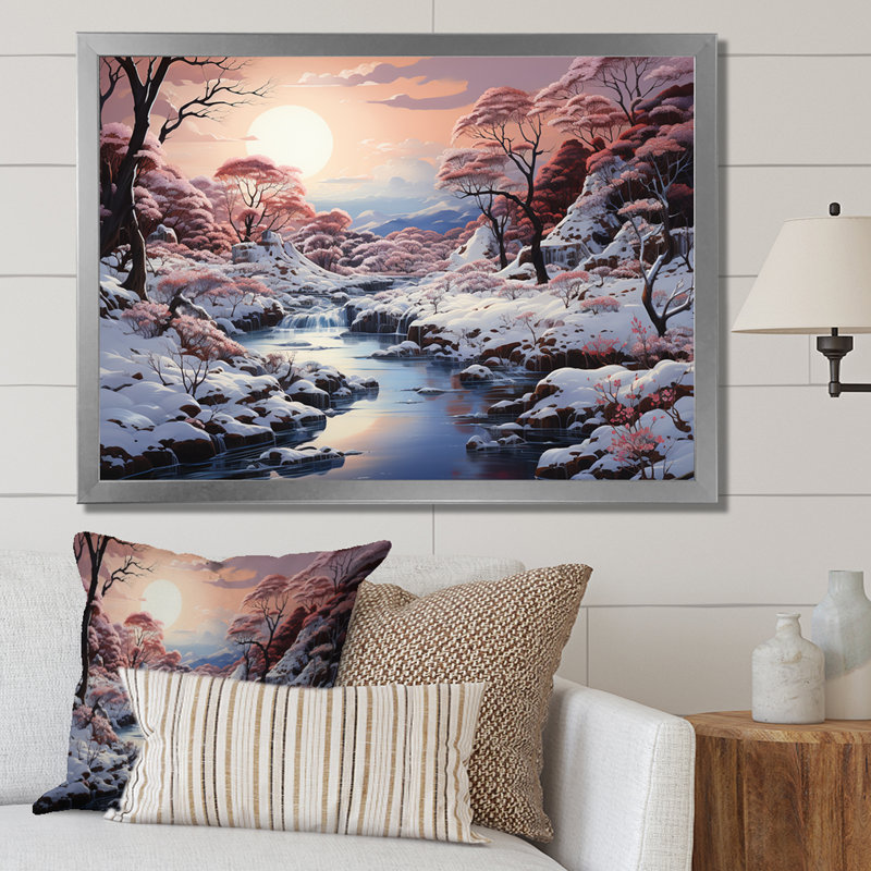 Kawaii Winter Landscape Sunrise - Snow, impressions sur toile, Cadre photo blanc, H 30 po x l 40 po