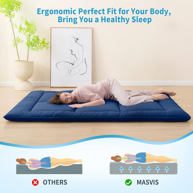 Japanese Futon Mattress,Floor Mattress Thicken Sleeping Mattress Foldable & Portable Roll Up Camping Mattress,Navy, Queen