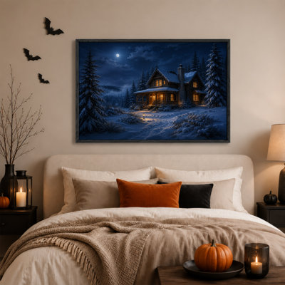 Cabane en bois rond enneigée aux fenêtres illuminées sous une toile murale d'Halloween