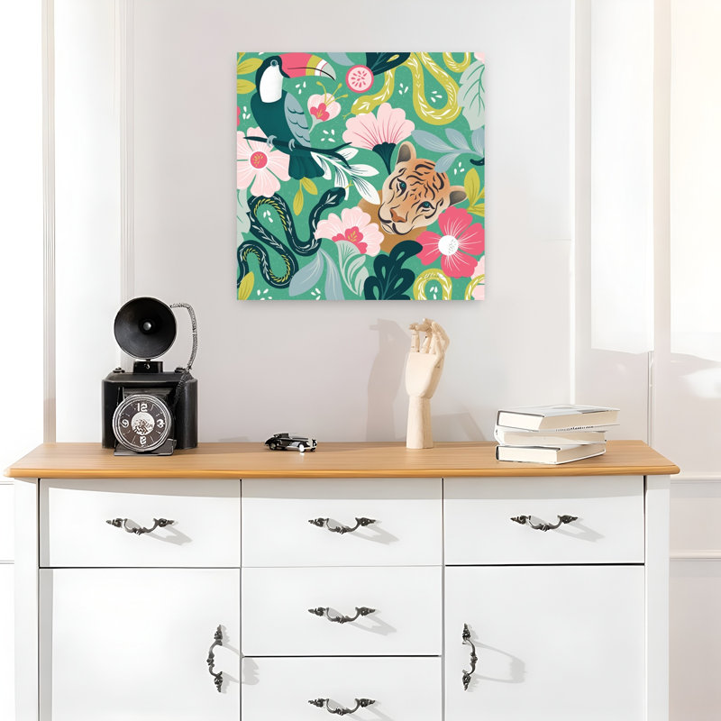 Lush Life, motif abstrait, oiseau, chat, serpent, fleur tropicale, art, H 18 po x l 18 po